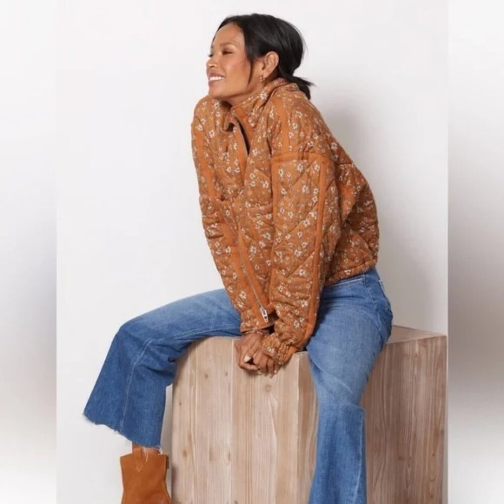 Brown Patch It Up Floral Quilted Bomber Patch Pockets